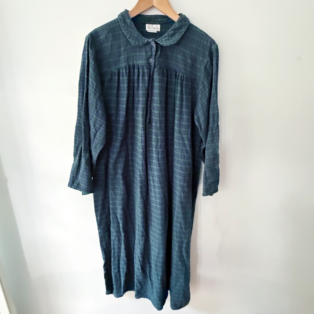 Vintage Nightgown Women Large Green Plaid Flannel Cottage Cozy Prairie Cabin
